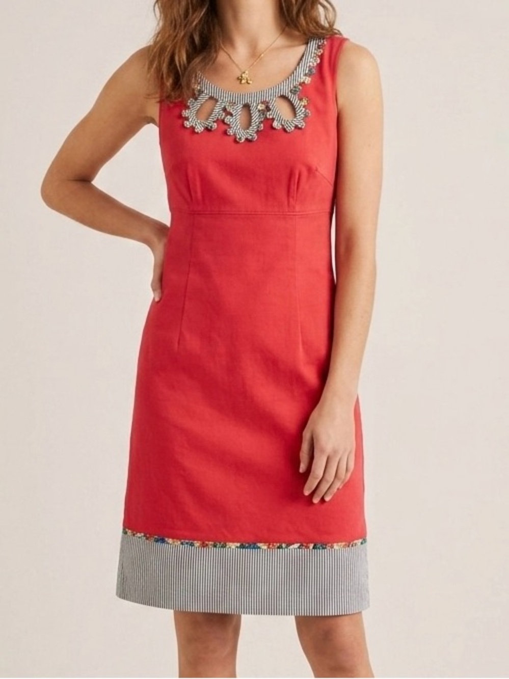 Boden Coral Pink Cotton Shift Dress with Cutout Neckline Striped Floral Trim 2 - Picture 2 of 16